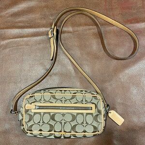 Coach cross body tan cloth and leather mini purse